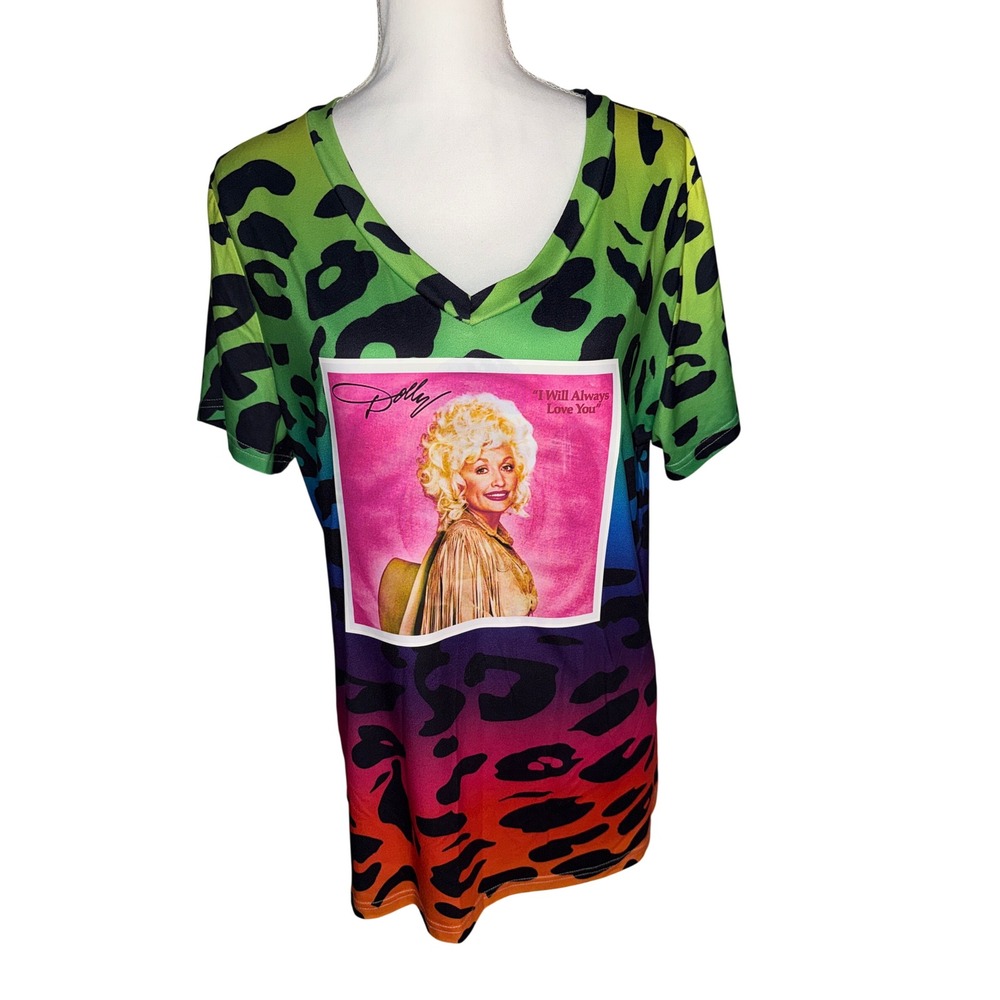 Dolly Parton Upcycled Neon Leopard Print Graphic Tee V-Neck Short Sleeve XL
